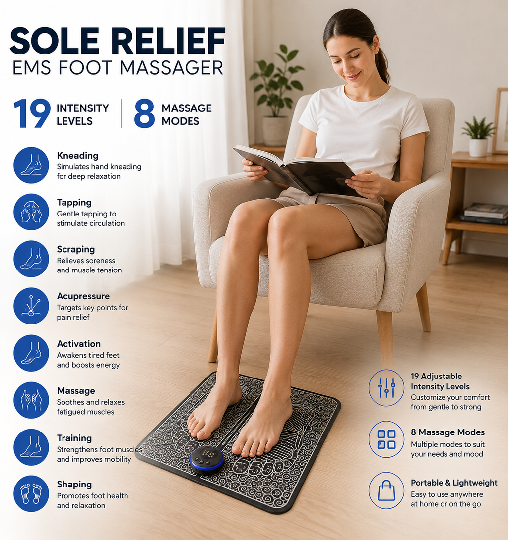 SoleRelief™ EMS Foot Massager – Smart Muscle Stimulator & Deep Relaxation Massage Pad