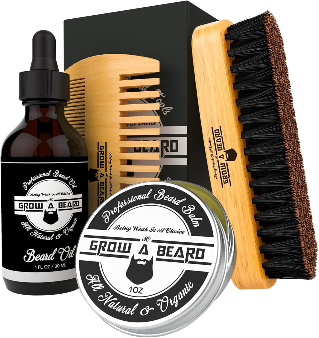 Beard Brush, Beard Comb, Beard Oil, & Beard Balm Grooming Kit for Men'S Care, Travel Facial Hair Set for Growth, Styling, Shine & Softness, Great Gifts for Him, Fathers Day, Dad Gifts