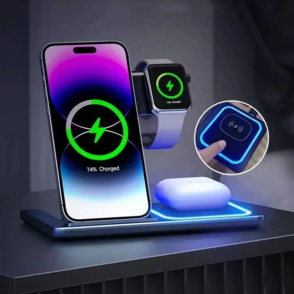30W 3 - in - 1 Foldable Wireless Charger Stand – Fast Charging Station for iPhone, Apple Watch & AirPods (Qi Certified) - Detour Finds