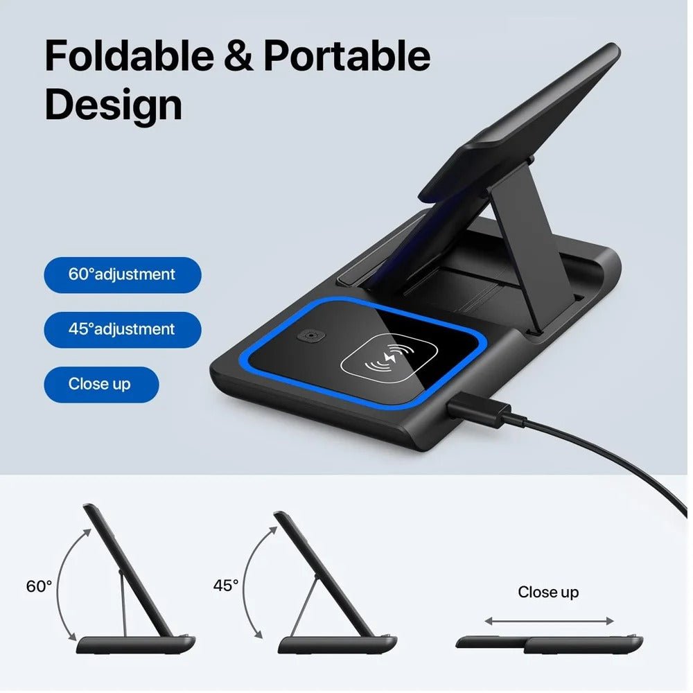 30W 3 - in - 1 Foldable Wireless Charger Stand – Fast Charging Station for iPhone, Apple Watch & AirPods (Qi Certified) - Detour Finds