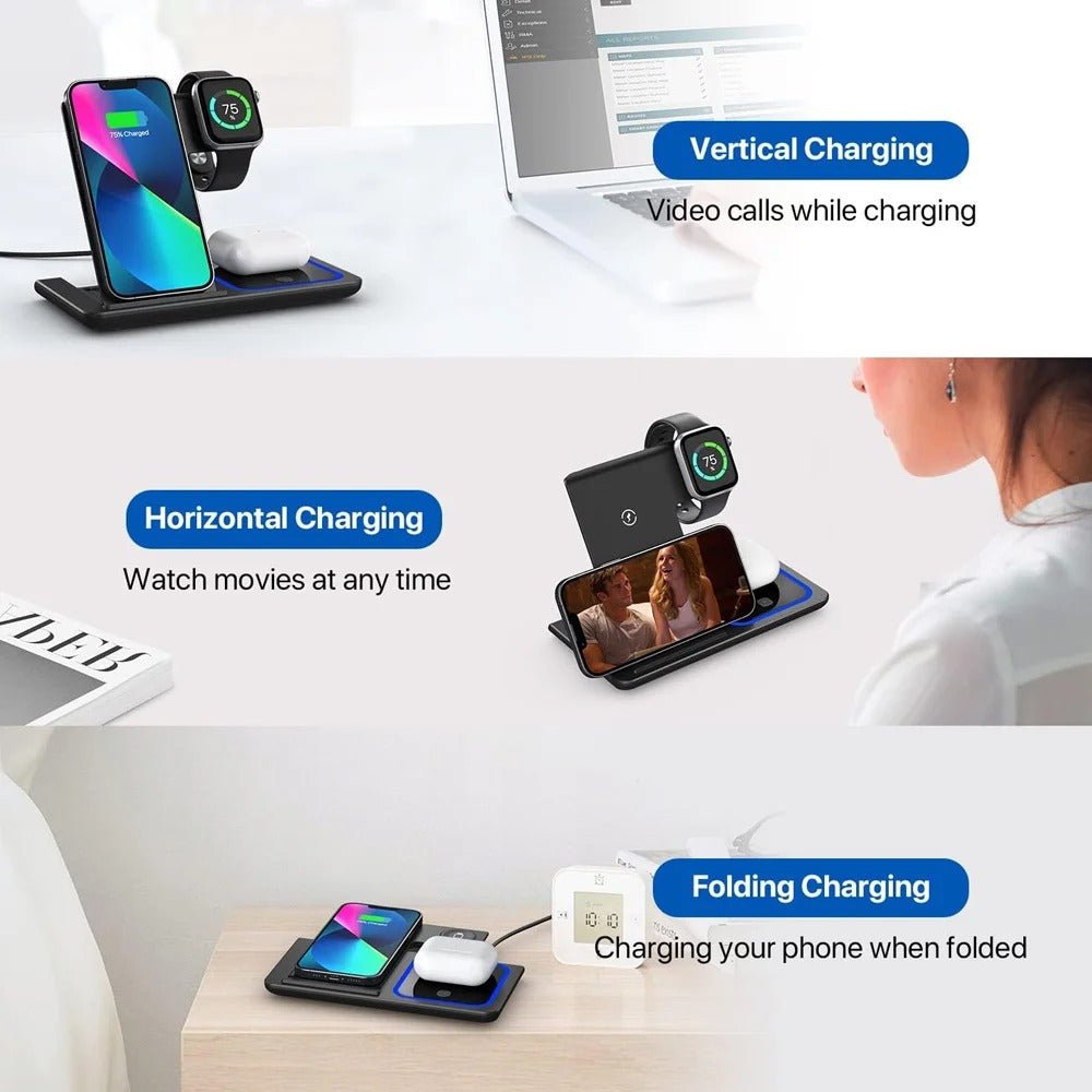 30W 3 - in - 1 Foldable Wireless Charger Stand – Fast Charging Station for iPhone, Apple Watch & AirPods (Qi Certified) - Detour Finds